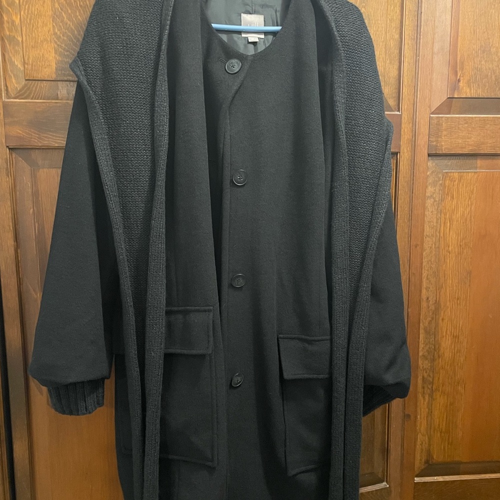 J. Jill Black Wool Blend Long Jacket Trench Pea Coat Detachable Hood Scarf Sz XL